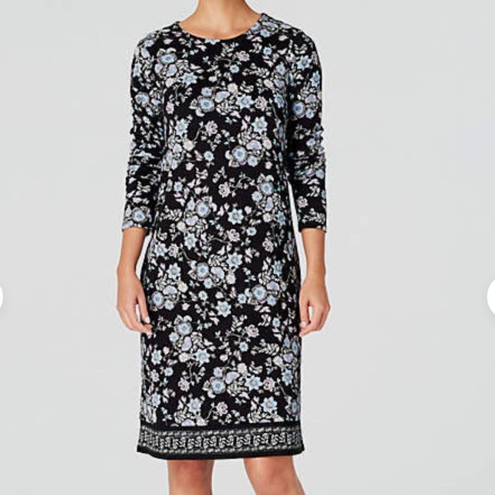 NWT J Jill Long Sleeve Stretch CrissCross Tie Back Black Floral Shift Dress S